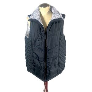 Reversible Black Quilted Puffer Vest with Gray Sherpa Lining